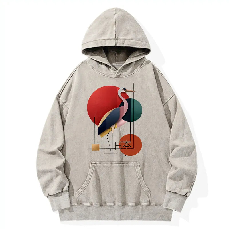 Kyoto-Lion Geometric Crane Art Washed Hoodie