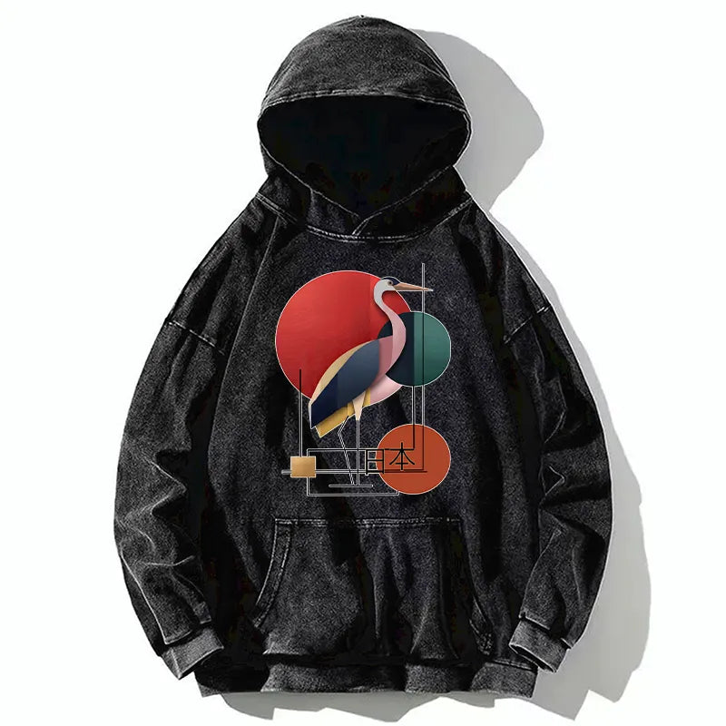 Kyoto-Lion Geometric Crane Art Washed Hoodie