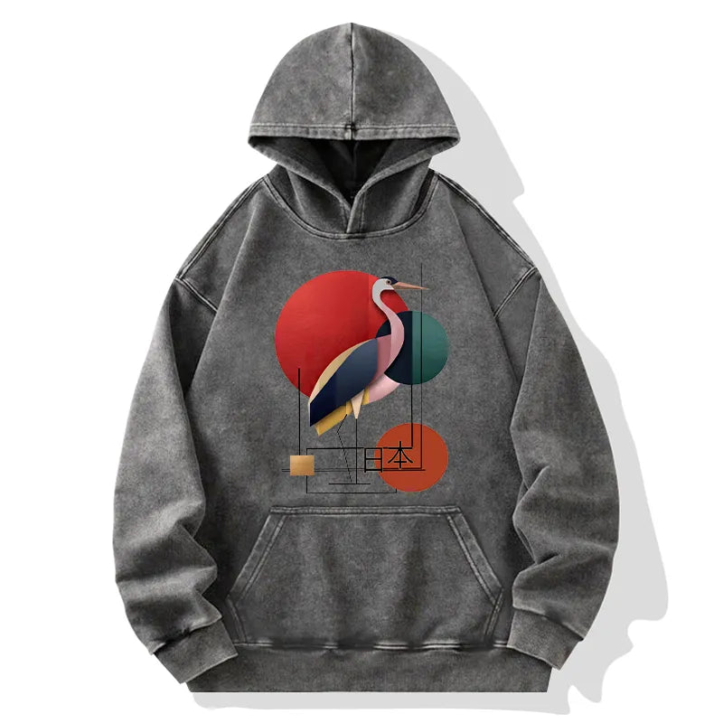 Kyoto-Lion Geometric Crane Art Washed Hoodie