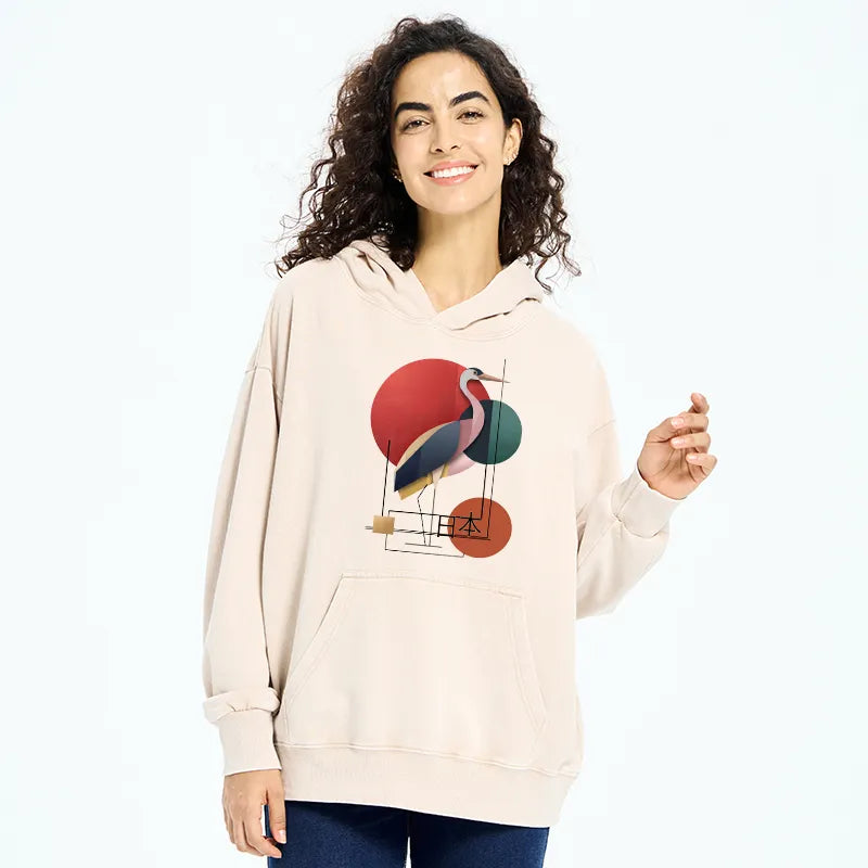 Kyoto-Lion Geometric Crane Art Washed Hoodie