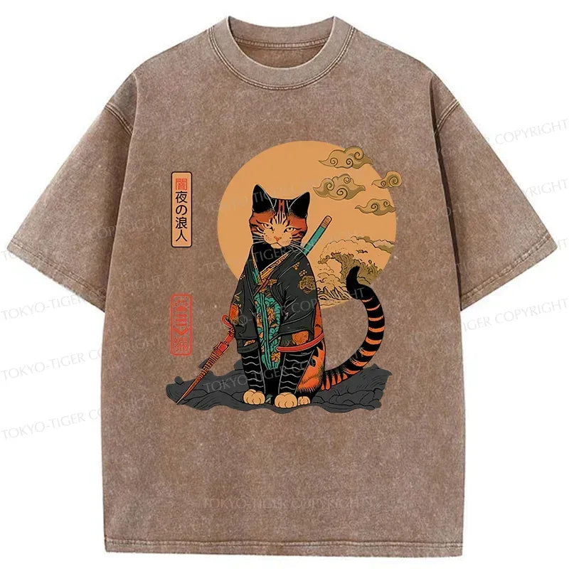 Japanese Cat Samurai Washed T-Shirt