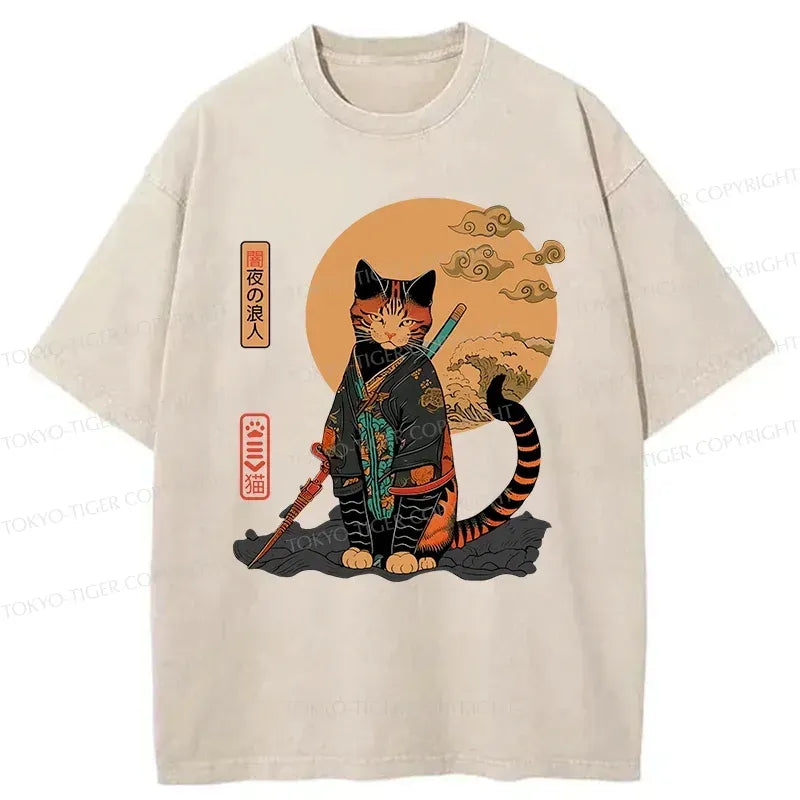 Japanese Cat Samurai Washed T-Shirt
