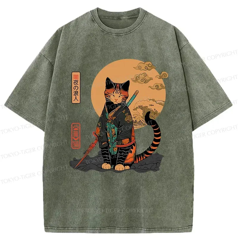 Kyoto-Lion Retro Cat Samurai Washed T-Shirt