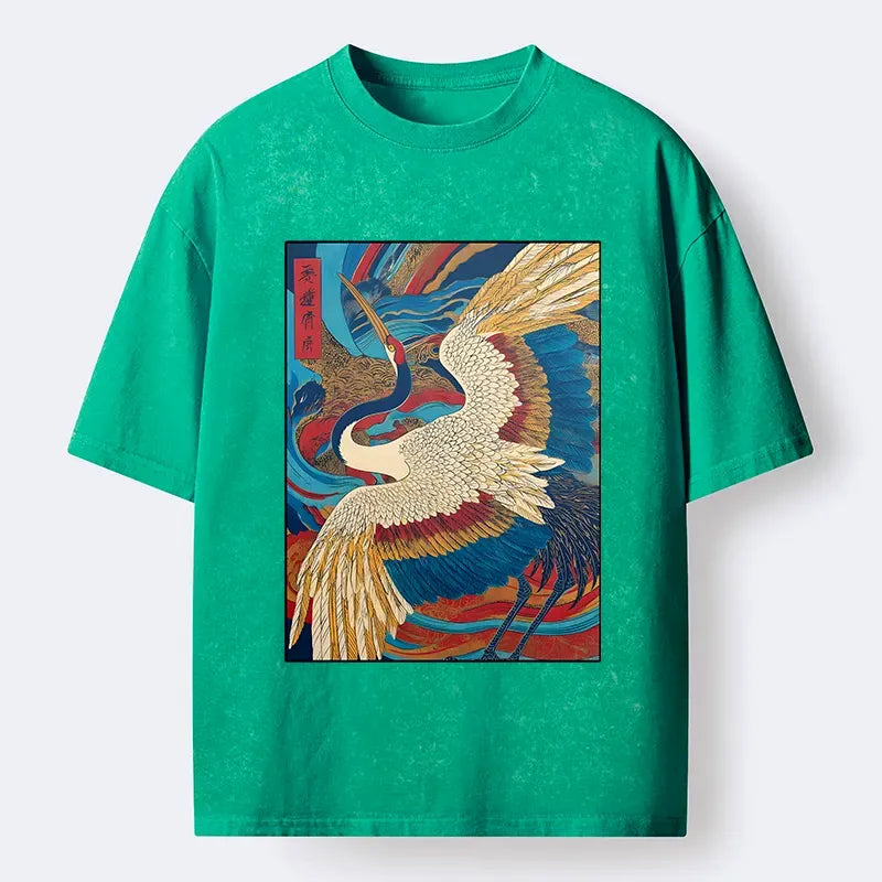 Kyoto-Lion Retro And Gorgeous Crane Washed T-Shirt