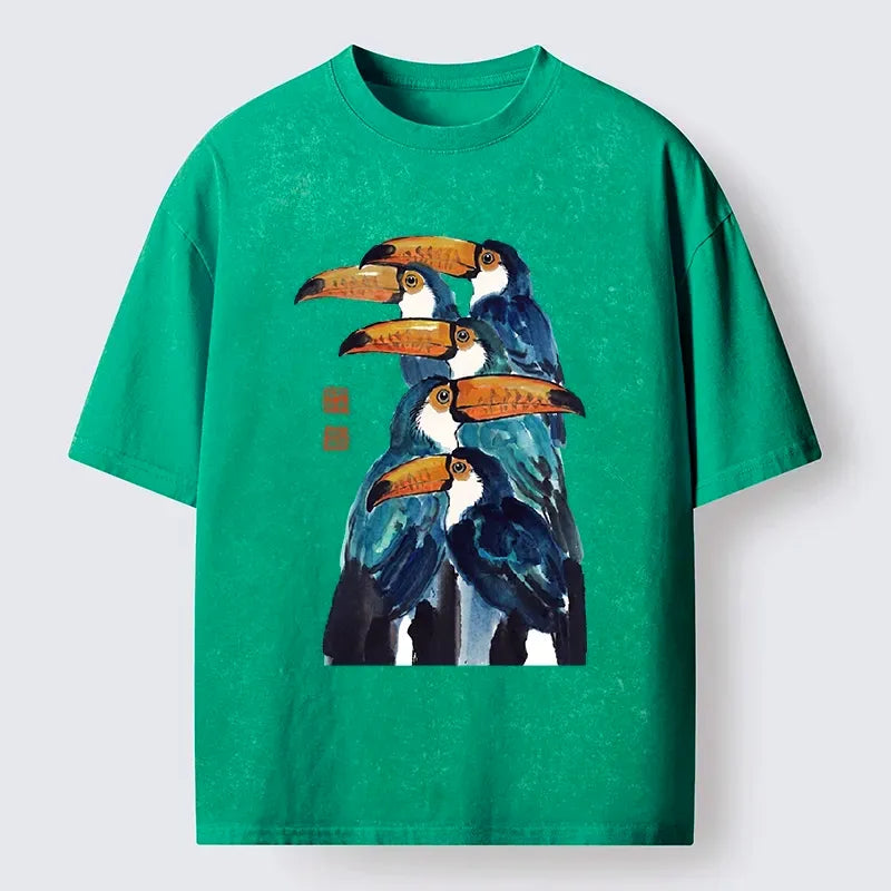 Kyoto-Lion Blue Toucans Watercolor Washed T-Shirt