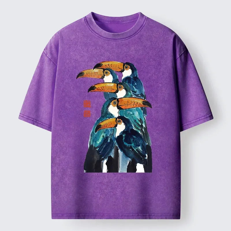 Kyoto-Lion Blue Toucans Watercolor Washed T-Shirt