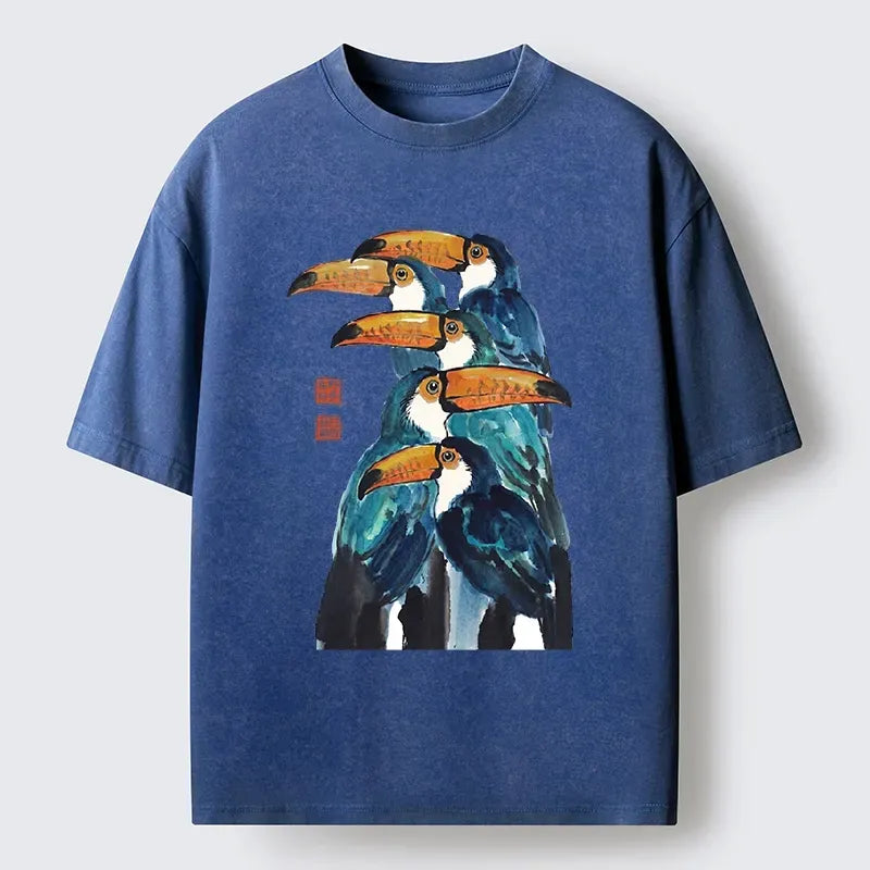 Kyoto-Lion Blue Toucans Watercolor Washed T-Shirt