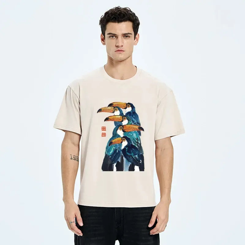 Kyoto-Lion Blue Toucans Watercolor Washed T-Shirt