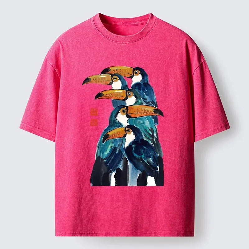 Kyoto-Lion Blue Toucans Watercolor Washed T-Shirt