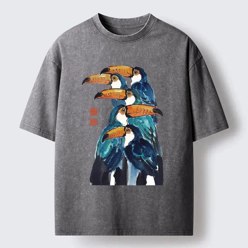 Kyoto-Lion Blue Toucans Watercolor Washed T-Shirt