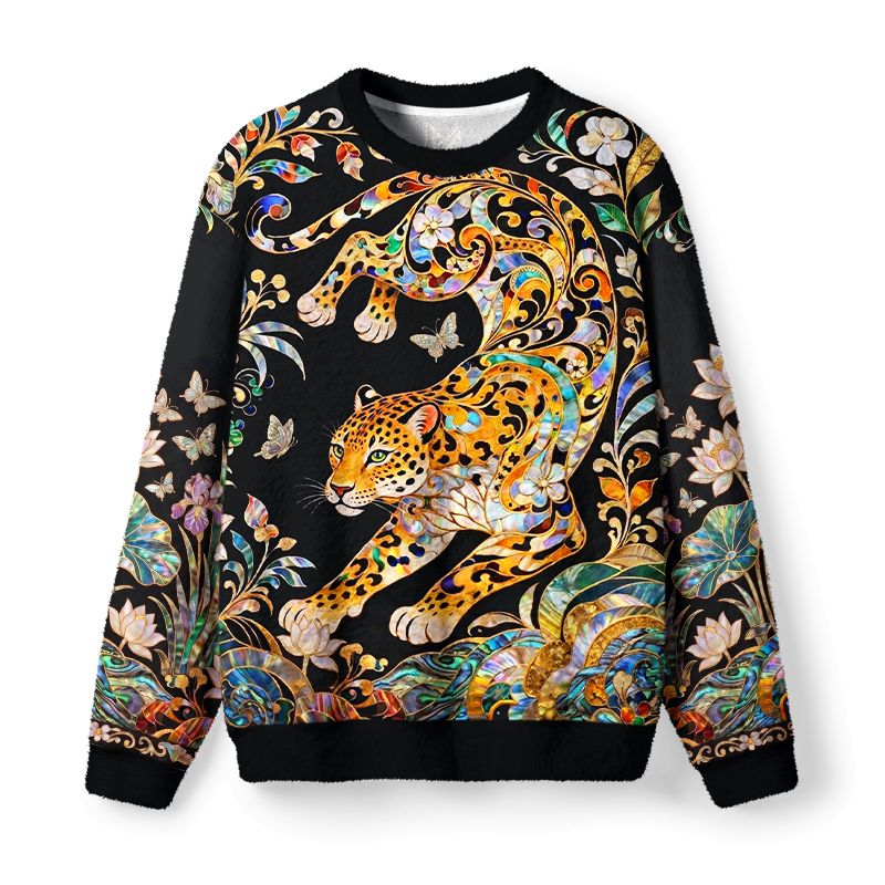 Kyoto-Lion Ornate Shell Inlay Golden Leopard Fuzzy Christmas Ugly Sweatshirt