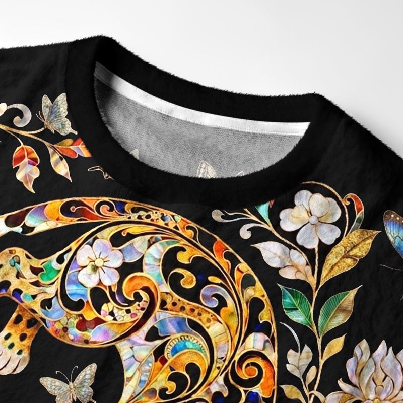 Kyoto-Lion Ornate Shell Inlay Golden Leopard Fuzzy Christmas Ugly Sweatshirt