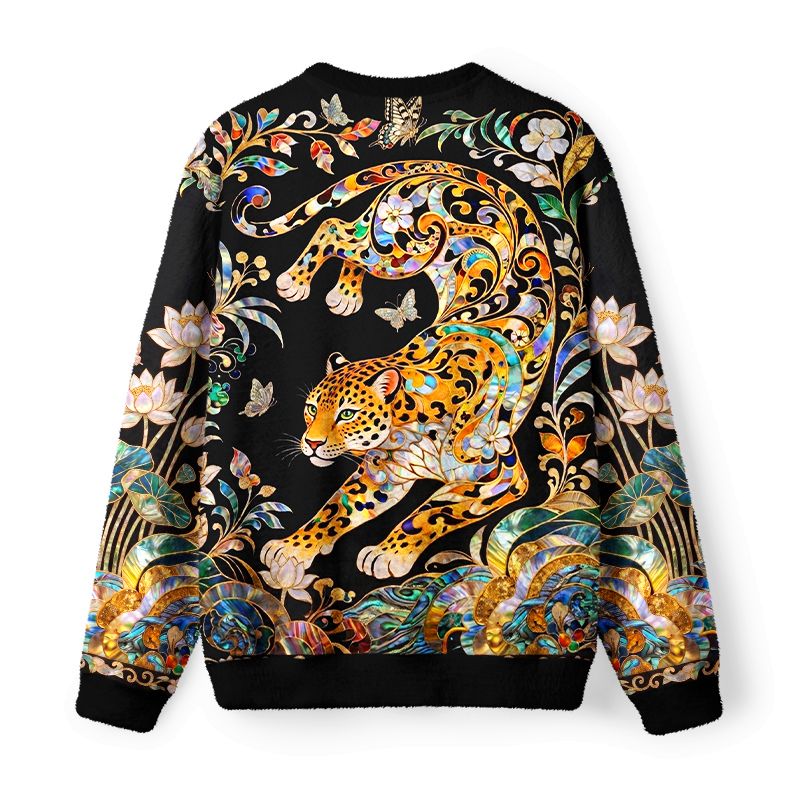 Kyoto-Lion Ornate Shell Inlay Golden Leopard Fuzzy Christmas Ugly Sweatshirt
