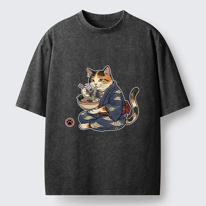 Kyoto-Lion Traditional Japanese Cat Noodle Lover Washed T-Shirt
