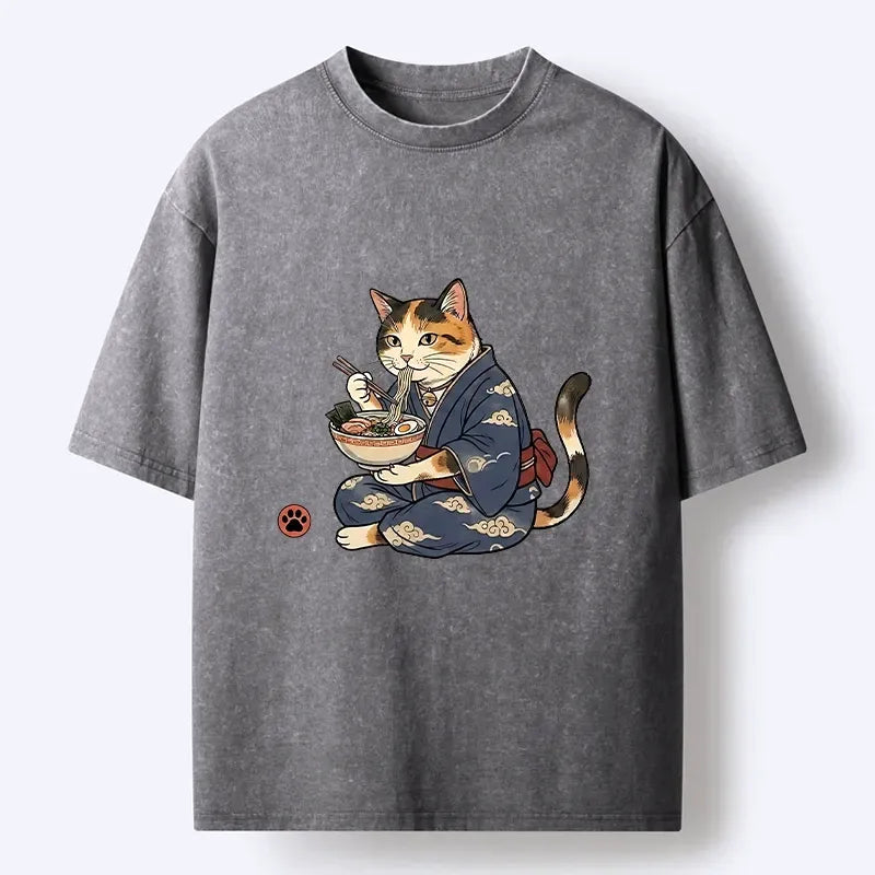Traditional Japanese Cat Noodle Lover Washed Tee