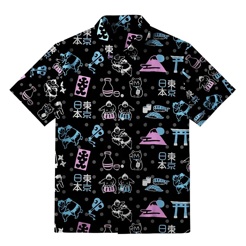 Kyoto-Lion Japanese Elements Combination Black Button-up Shirt