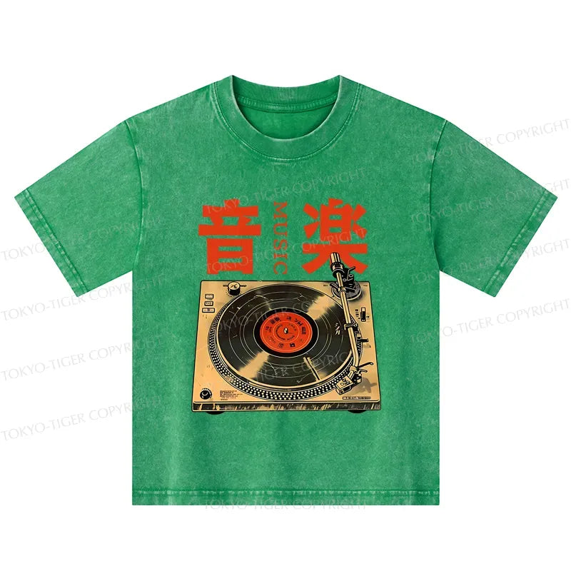 Kyoto-Lion Retro Music Record Player Kids Washed T-Shirt