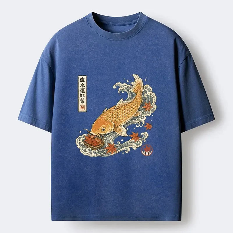 Kyoto-Lion Golden Koi Carp Maple Leaf Wave Art Washed T-Shirt
