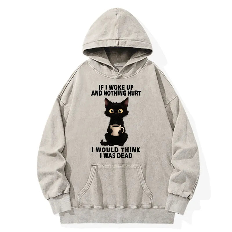 Kyoto-Lion Funny Cute Black Cat And Coffee Meme Washed Hoodie