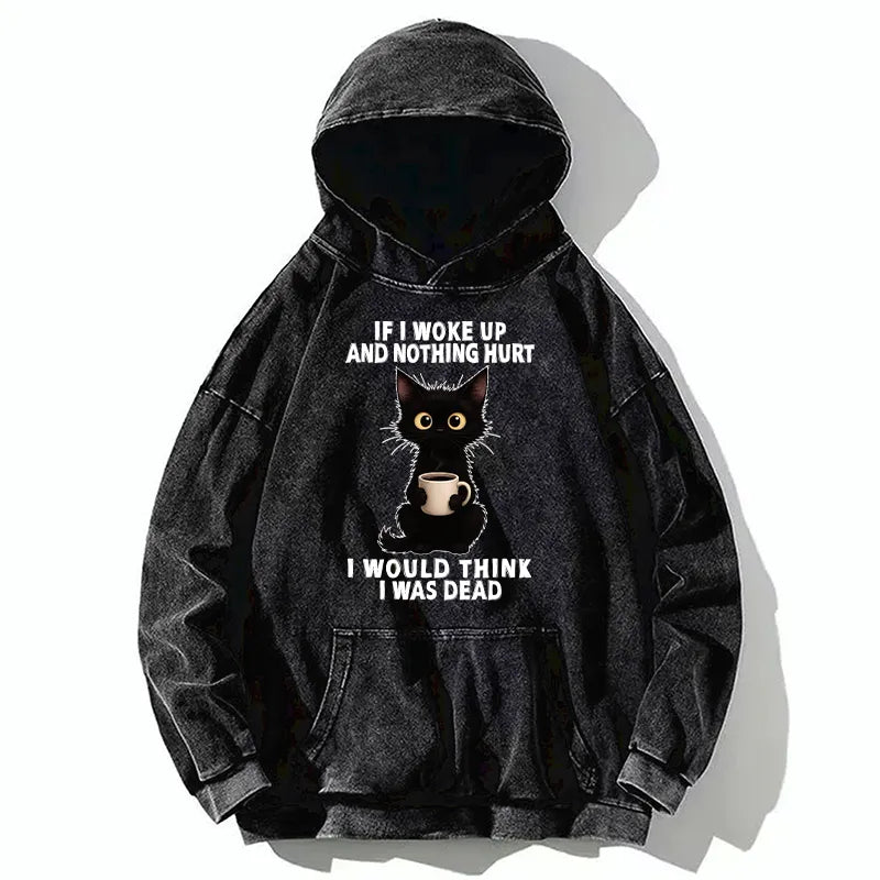 Kyoto-Lion Funny Cute Black Cat And Coffee Meme Washed Hoodie