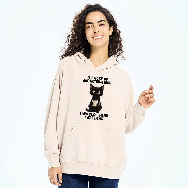 Kyoto-Lion Funny Cute Black Cat And Coffee Meme Washed Hoodie