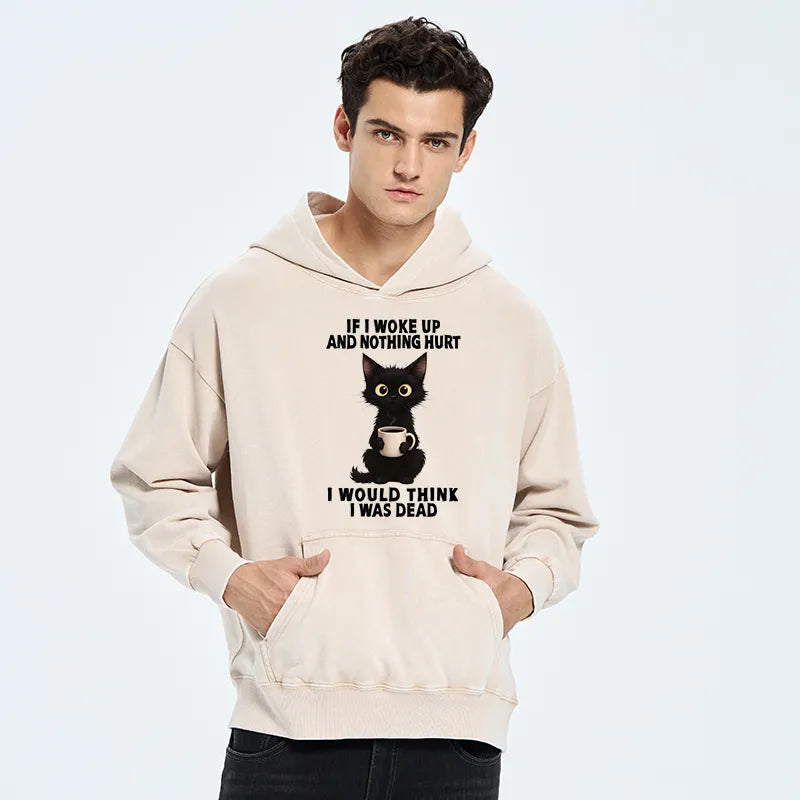 Kyoto-Lion Funny Cute Black Cat And Coffee Meme Washed Hoodie