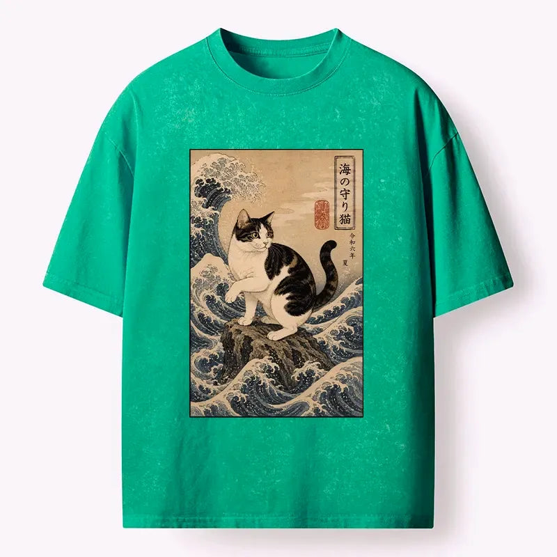 Japanese cat great wave washed t-shirt