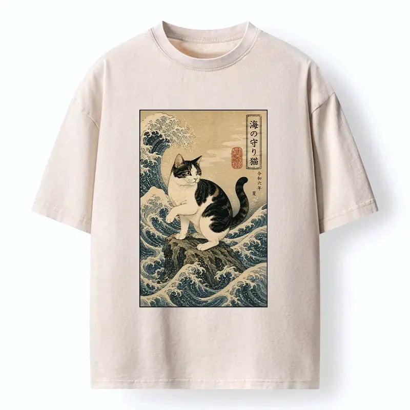 Japanese cat great wave washed t-shirt