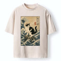 Japanese cat great wave washed t-shirt