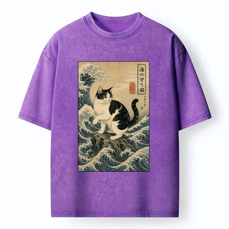 Japanese cat great wave washed t-shirt