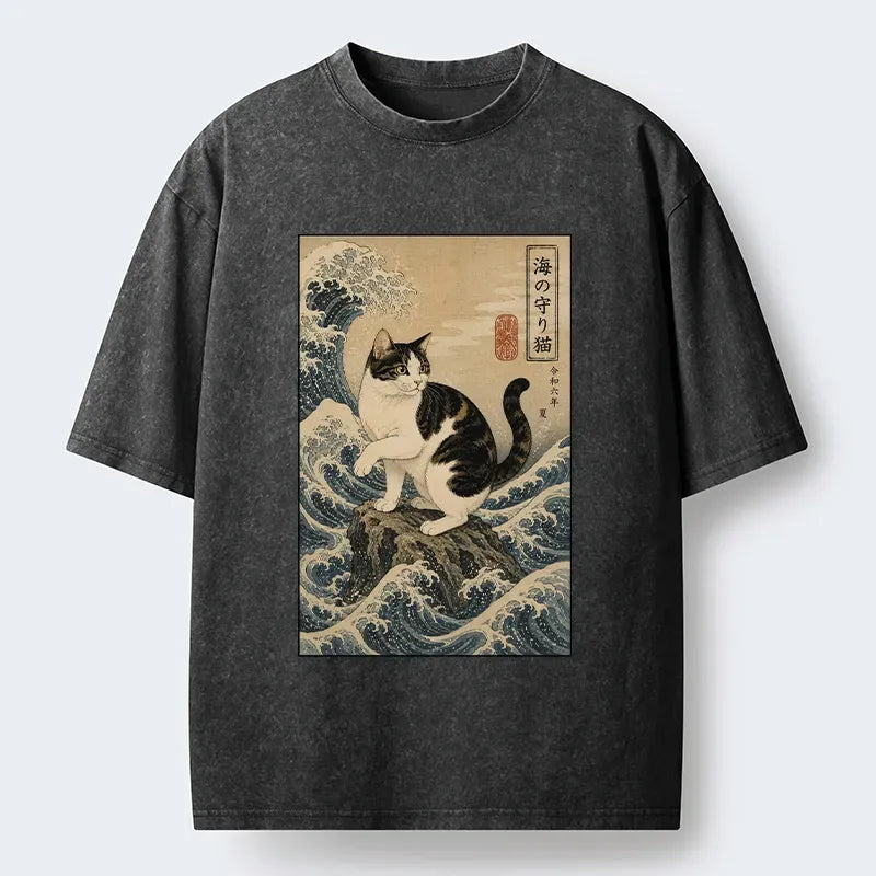 Japanese cat great wave washed t-shirt