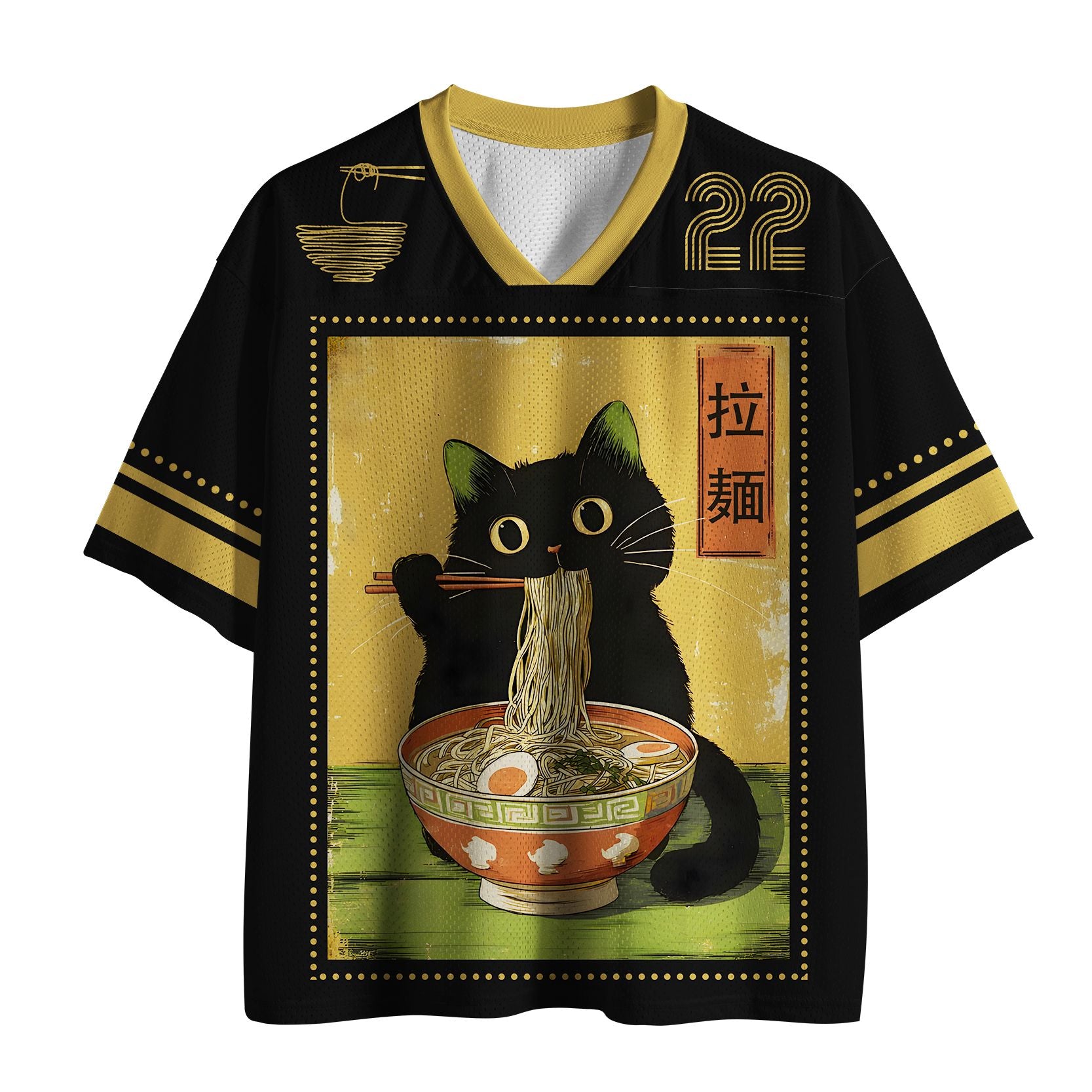 Kyoto-Lion Vintage Japanese Cat Eating Ramen Mesh Jersey