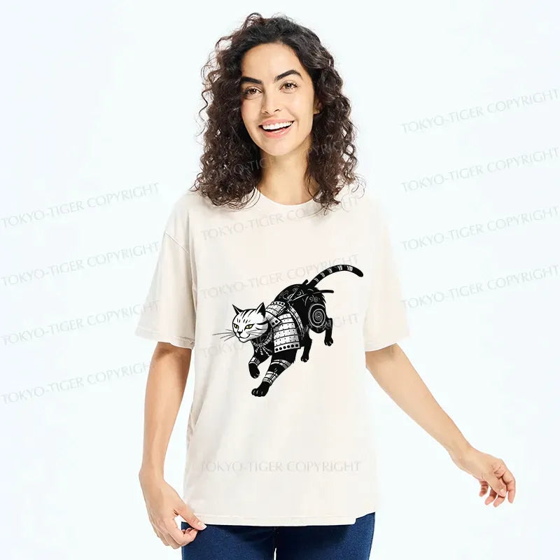 Kyoto-Lion Armor Samurai Cat Washed T-Shirt