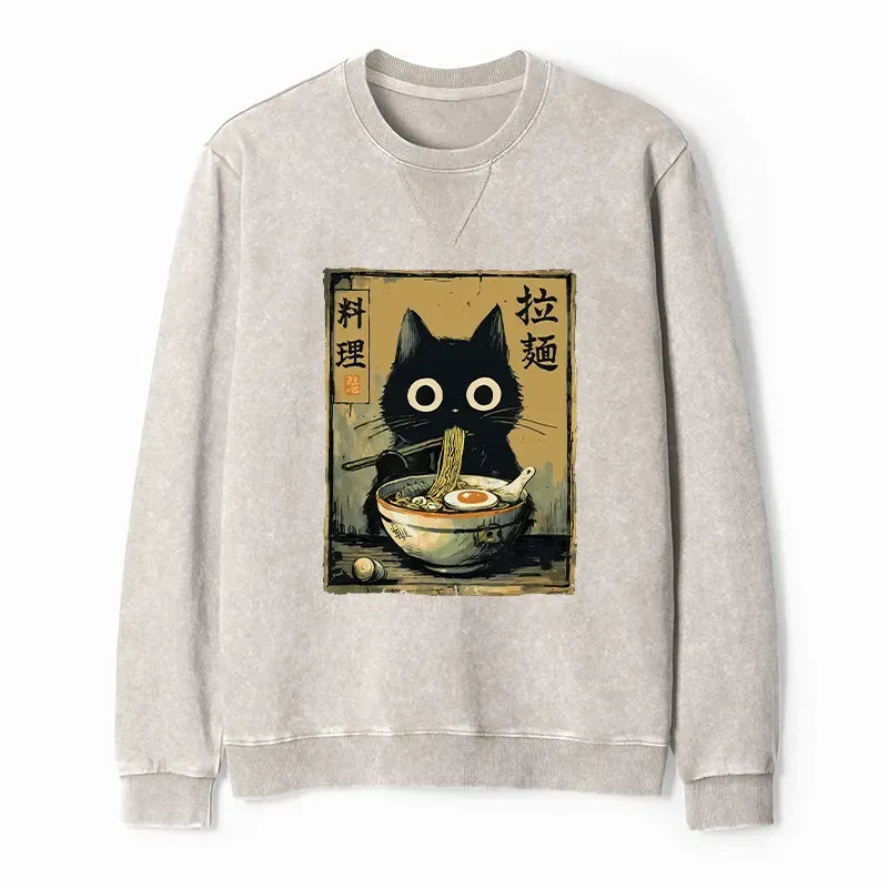 Kyoto-Lion Cute Black Cat Eating Ramen Japan Washed Terry Sweatshirt