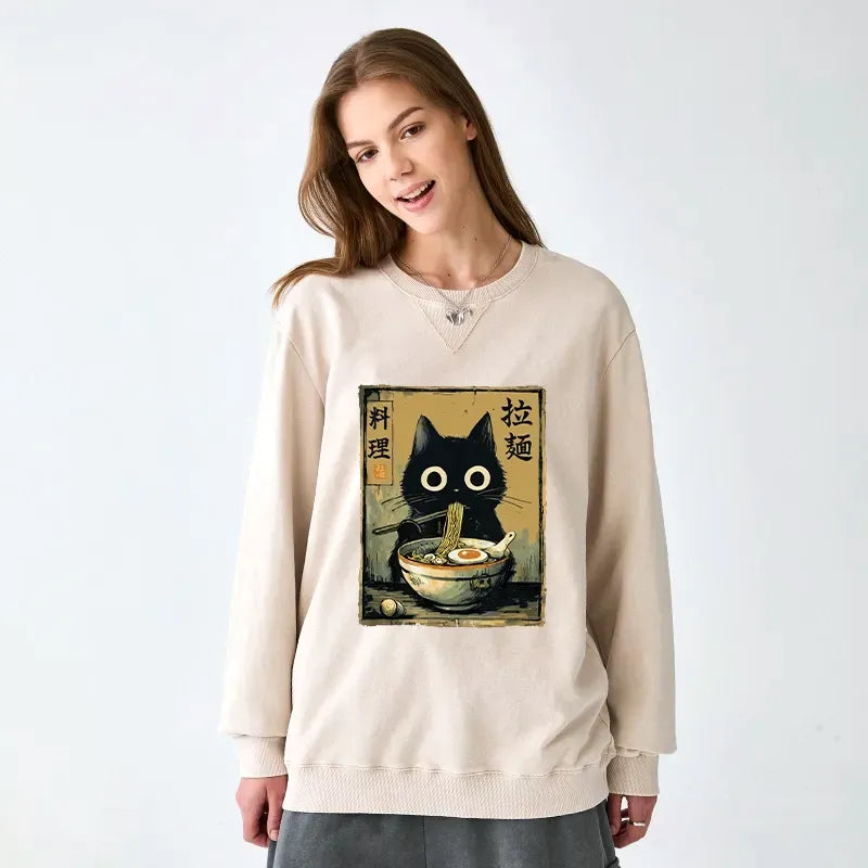 Cute Black Cat Ramen Sweatshirt for Japan Fans