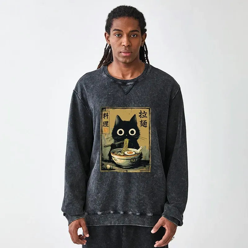 Kyoto-Lion Cute Black Cat Eating Ramen Japan Washed Terry Sweatshirt