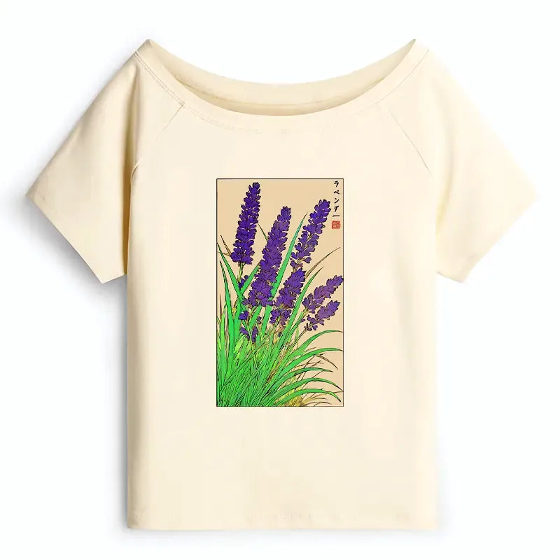 Japanese Lavender Off Shoulder T-Shirt for Women