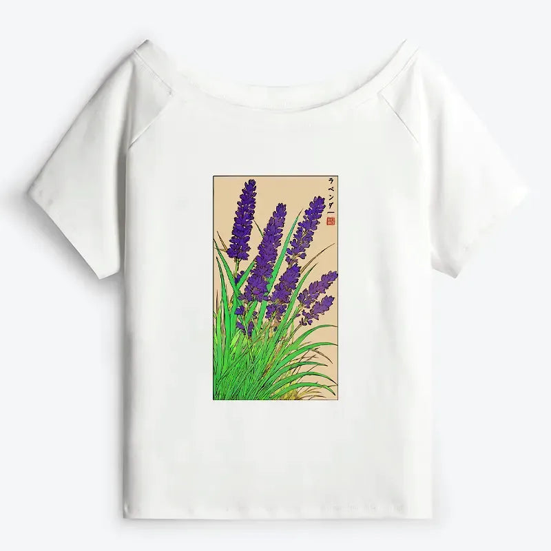 Japanese Lavender Off Shoulder T-Shirt for Women