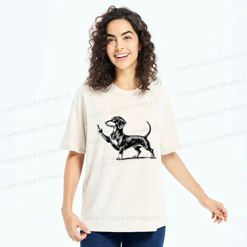 Kyoto-Lion Dachshund Showing Middle Finger Washed T-Shirt