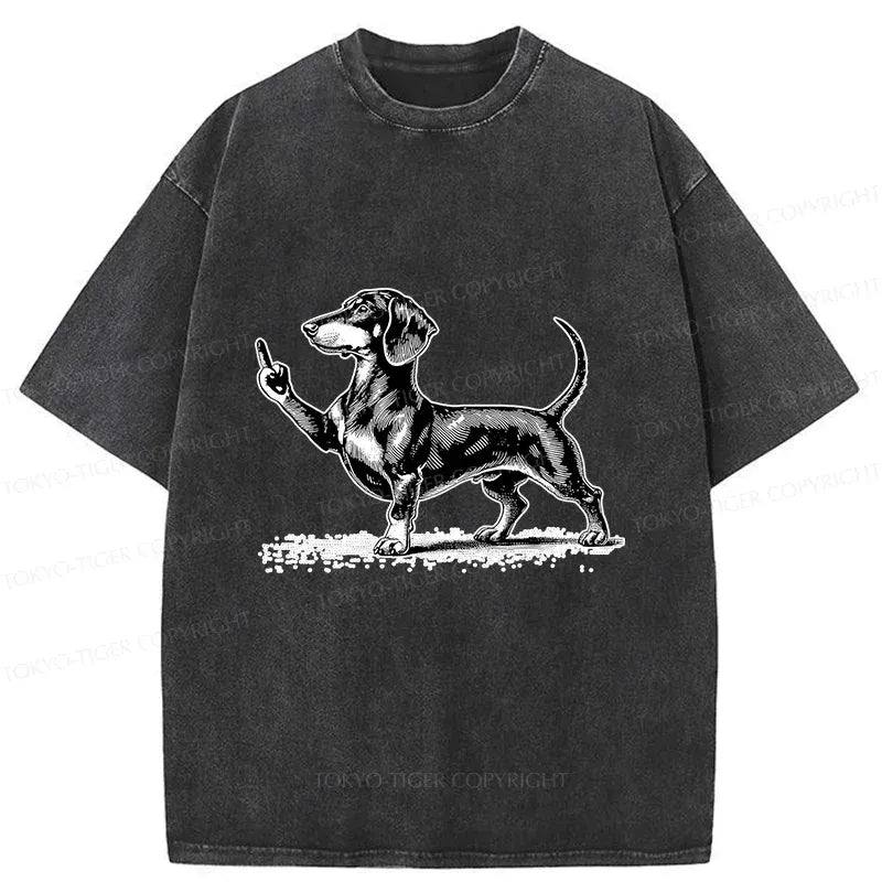 Kyoto-Lion Dachshund Showing Middle Finger Washed T-Shirt