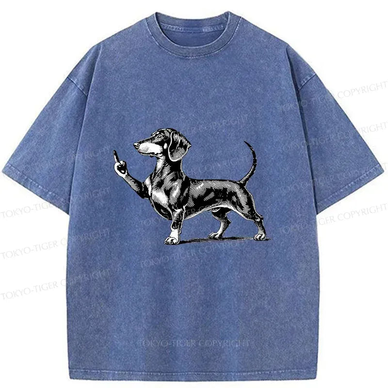 Kyoto-Lion Dachshund Showing Middle Finger Washed T-Shirt