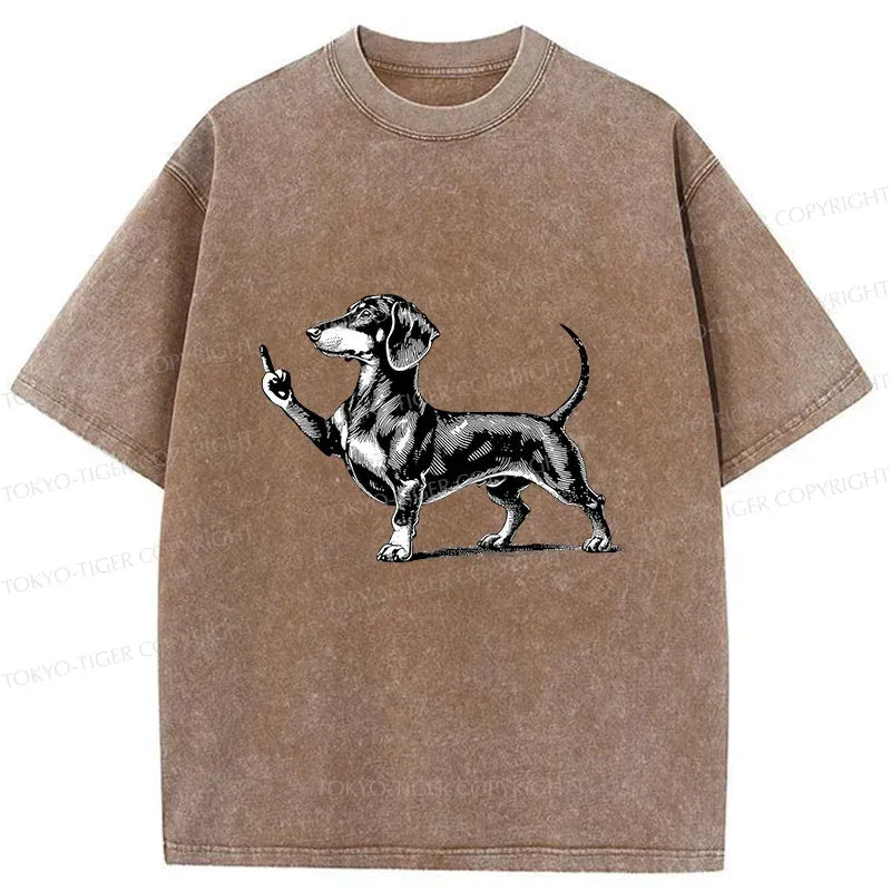 Kyoto-Lion Dachshund Showing Middle Finger Washed T-Shirt