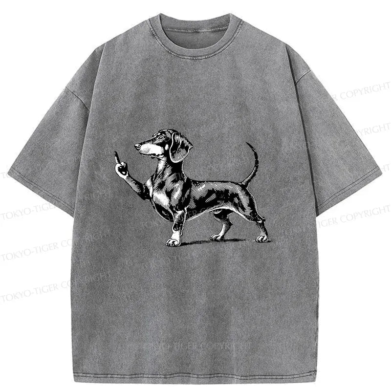 Kyoto-Lion Dachshund Showing Middle Finger Washed T-Shirt