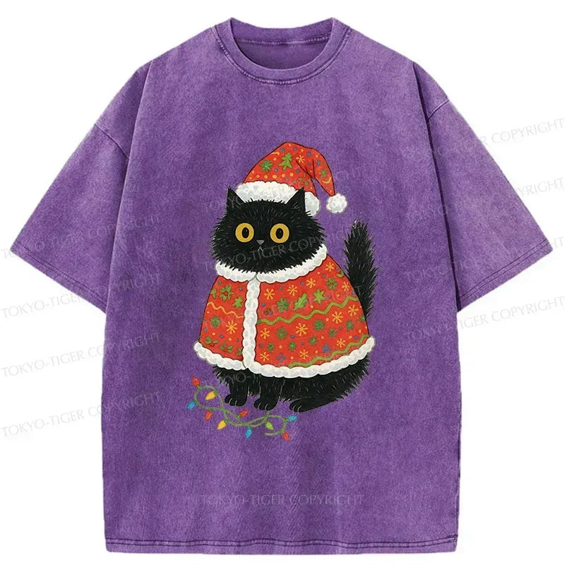 Japanese Cat Santa Hat Washed T-Shirt