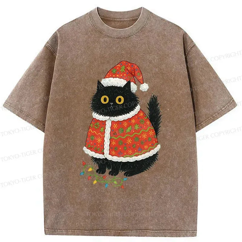 Kyoto-Lion Cat Wearing Santa Hat Washed T-Shirt