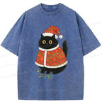 Japanese Cat Santa Hat Washed T-Shirt