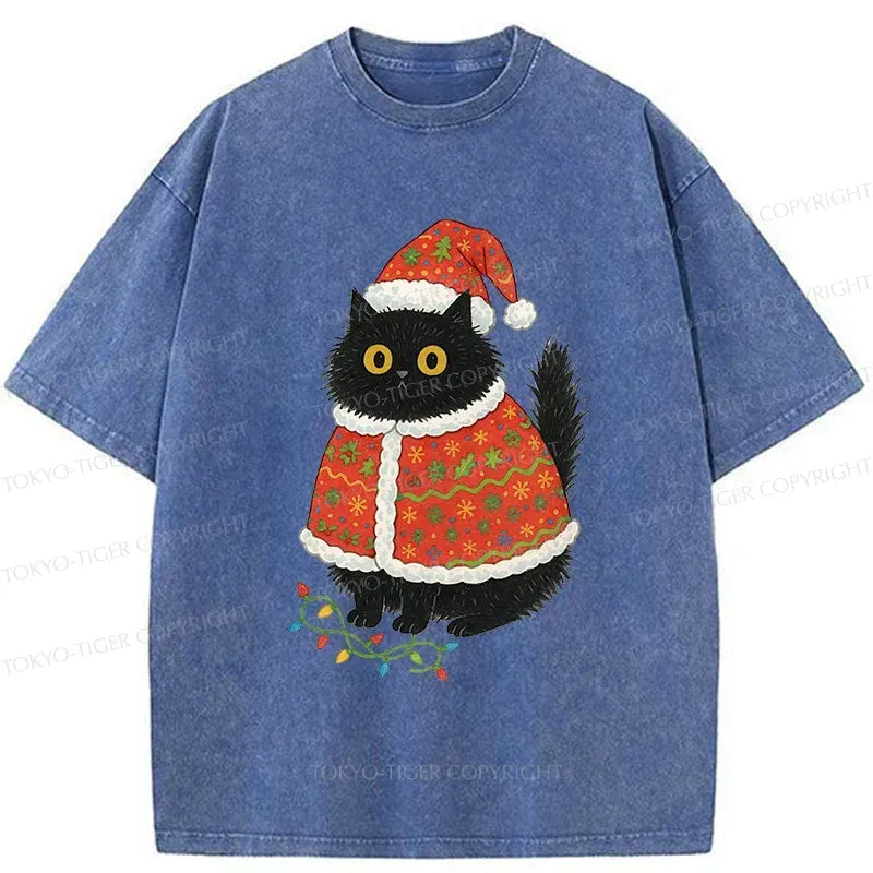 Japanese Cat Santa Hat Washed T-Shirt