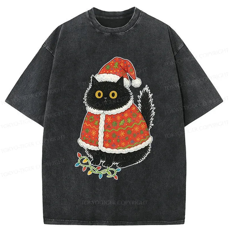 Japanese Cat Santa Hat Washed T-Shirt