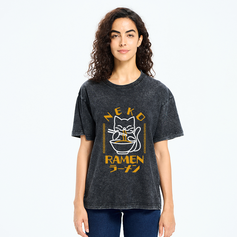 Kyoto-Lion Cat Obsessed With Ramen Washed T-Shirt