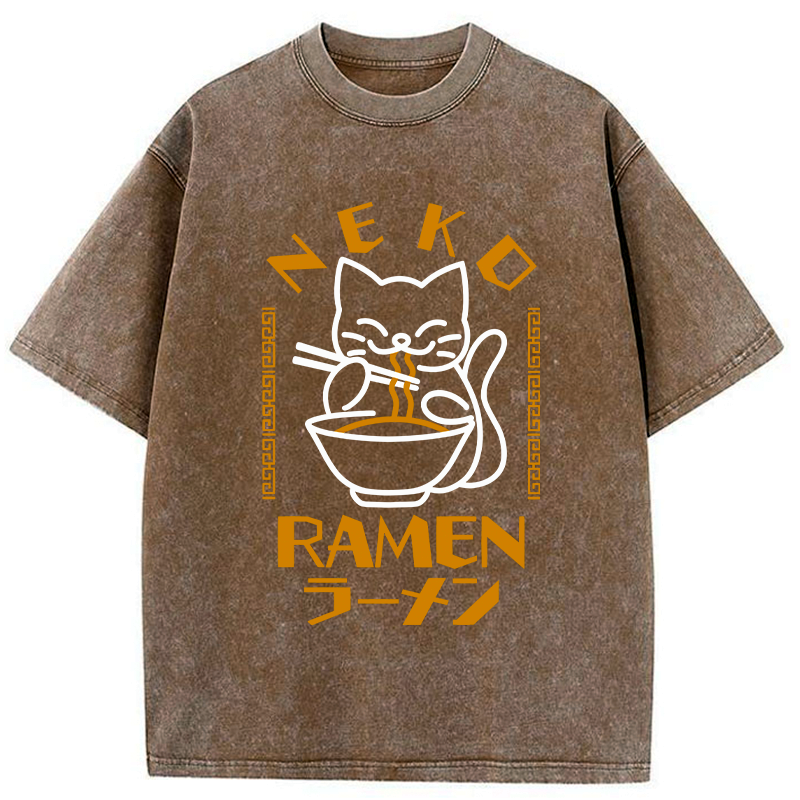 Kyoto-Lion Cat Obsessed With Ramen Washed T-Shirt